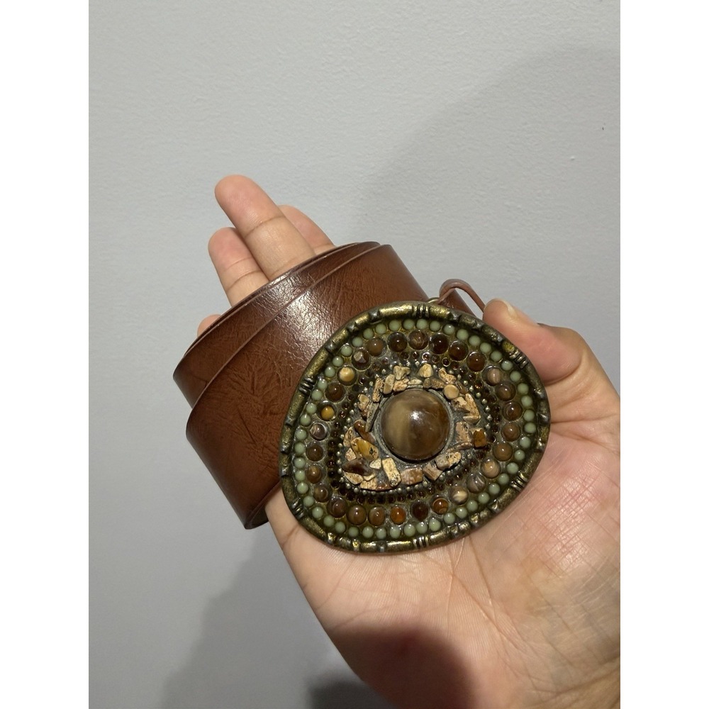 Vintage Congac Full Grain Leather Belt Stone Jewel Buckle Boho Hobo Western Y2K